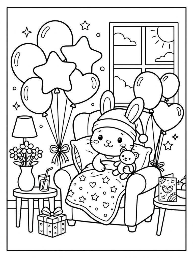 Konijn in stoel met knuffelbeer en ballonnen