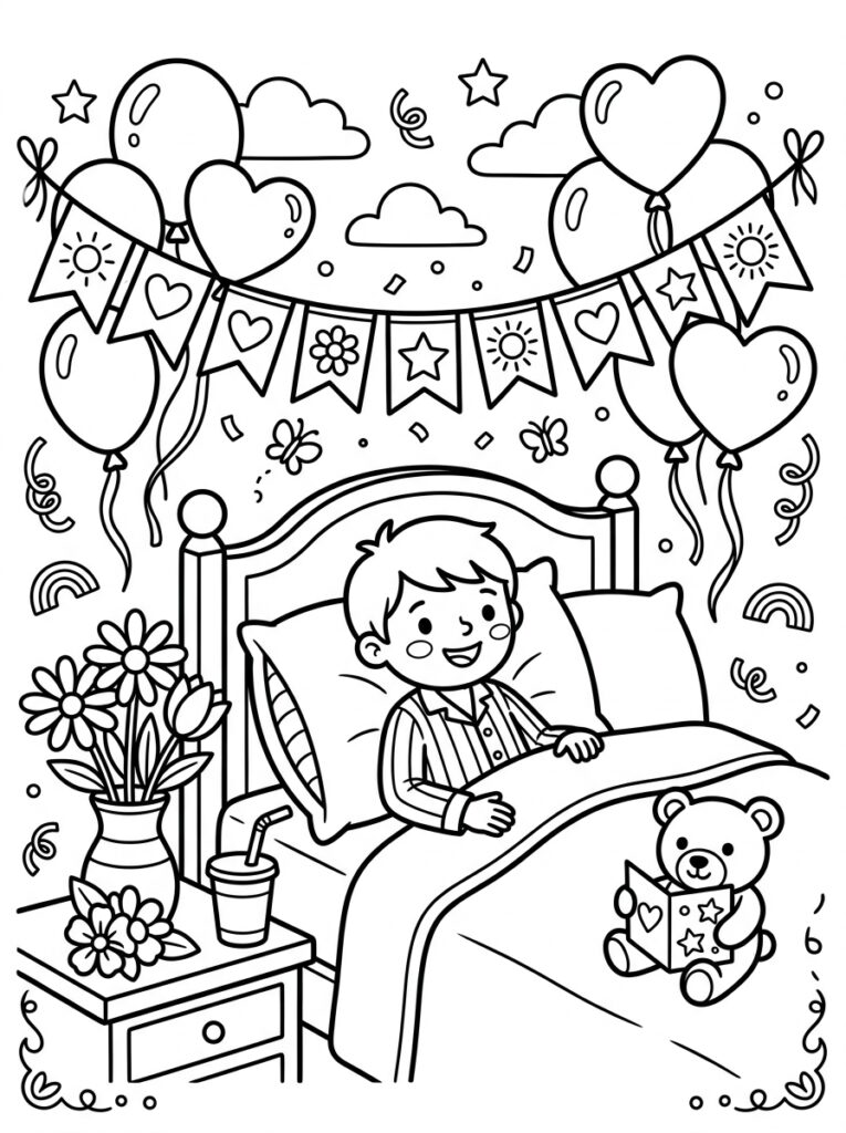 Jongen in bed met teddybeer en ballonnen
