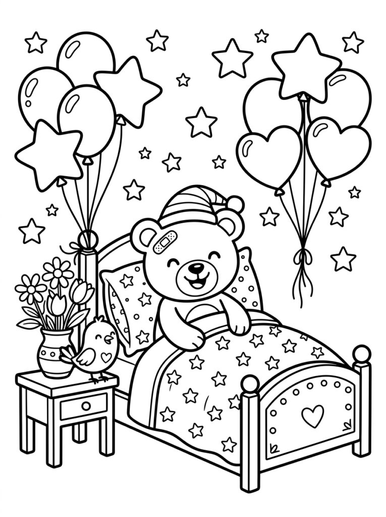Beer met pleister in bed met ballonnen