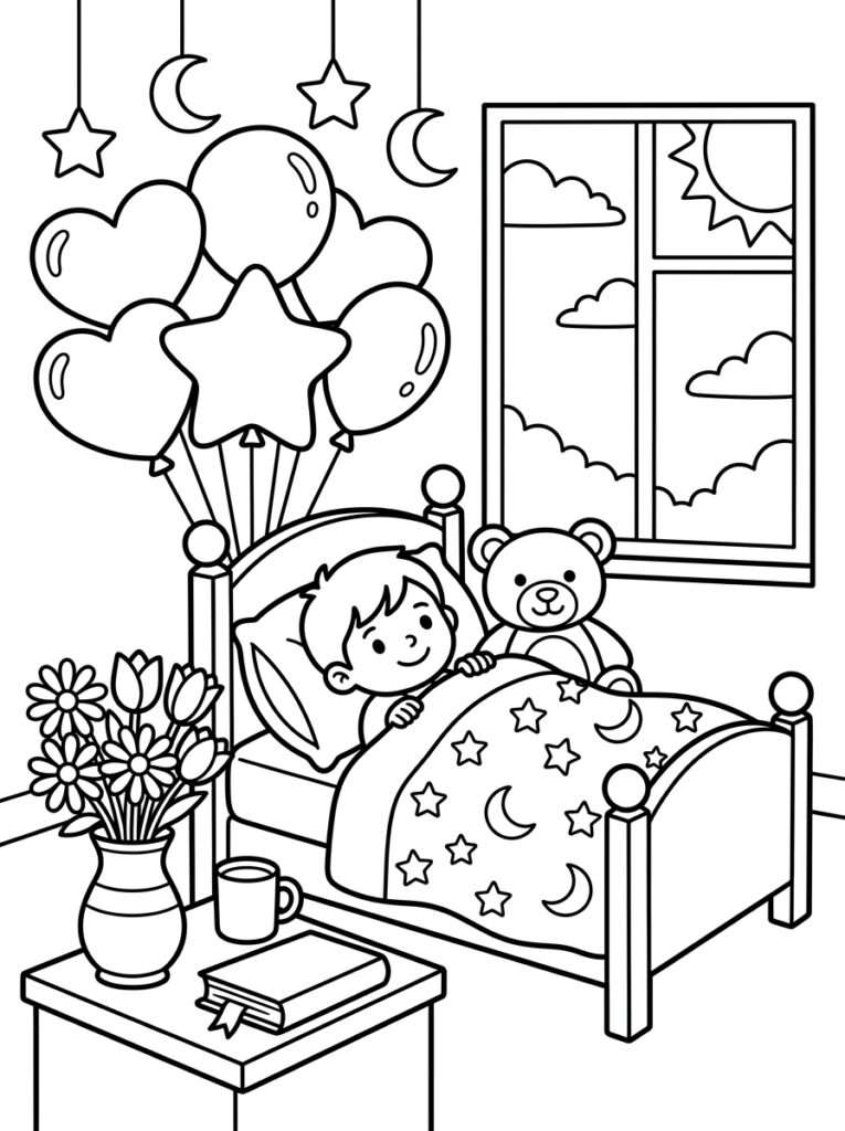 Jongen in bed met teddybeer en ballonnen