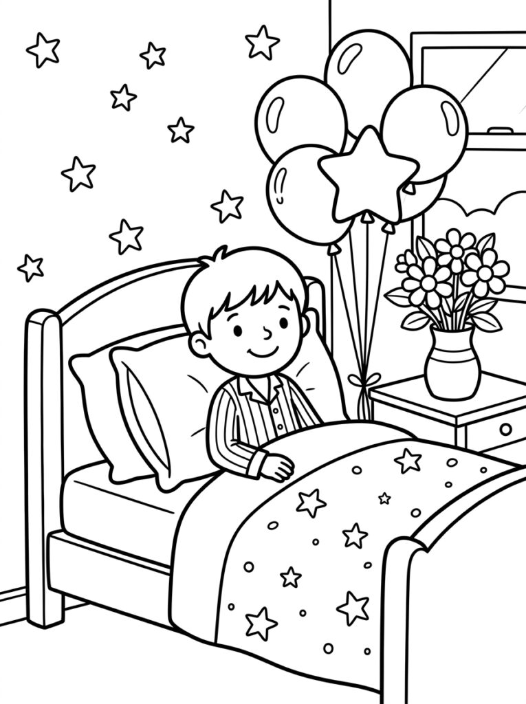 Jongen zit in bed met ballonnen