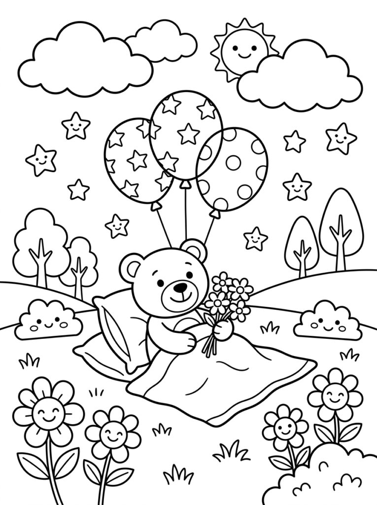 Teddybeer met bloemboeket en ballonnen in wei