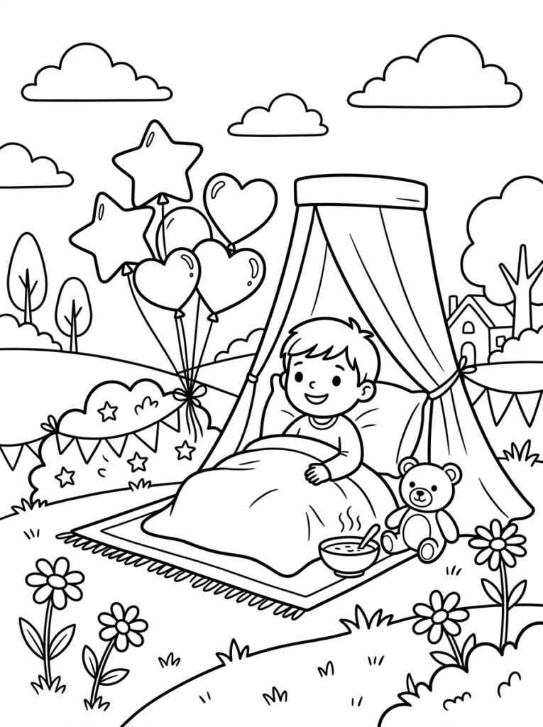 Jongen in bed met soep en teddybeer