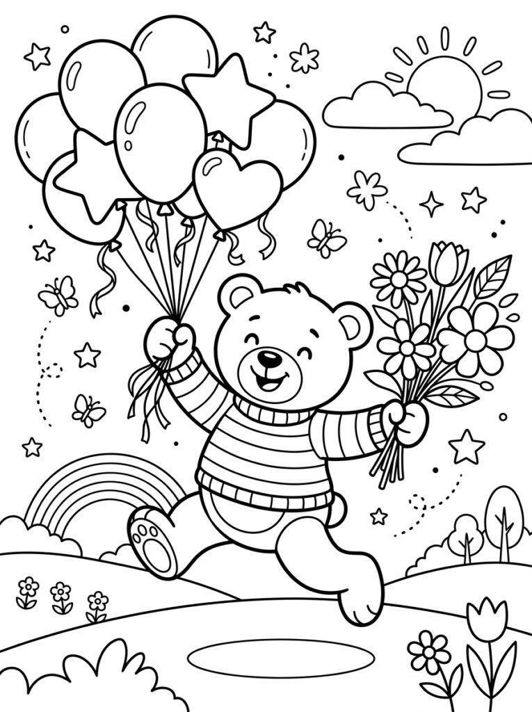 Teddybeer met ballonnen en bloemen bij regenboog
