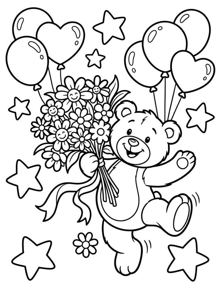 Teddybeer met bloemenboeket en ballonnen tussen sterren