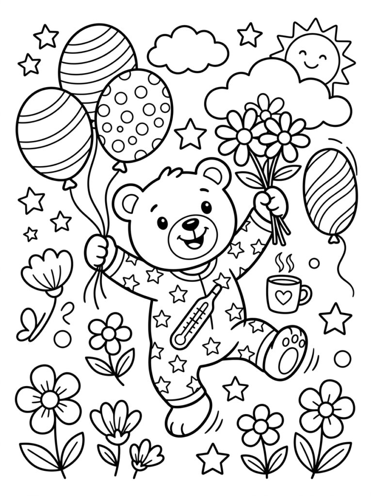 Teddybeer in pyjama met ballonnen en thermometer