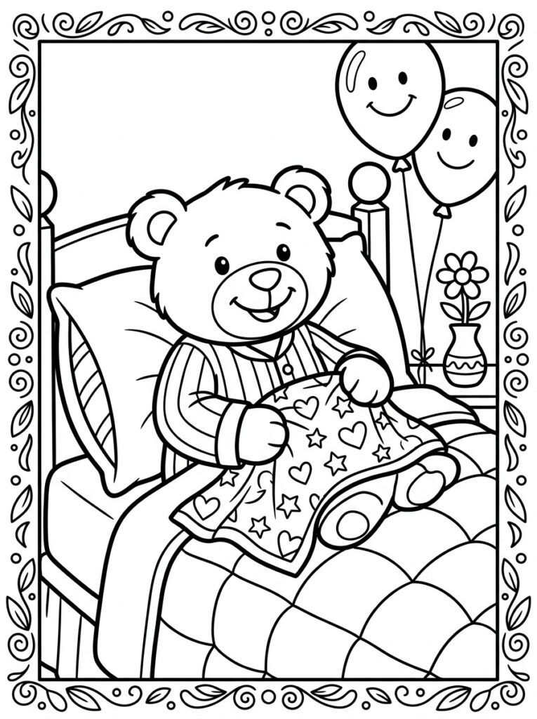 Teddybeer in bed met deken en lachende ballonnen