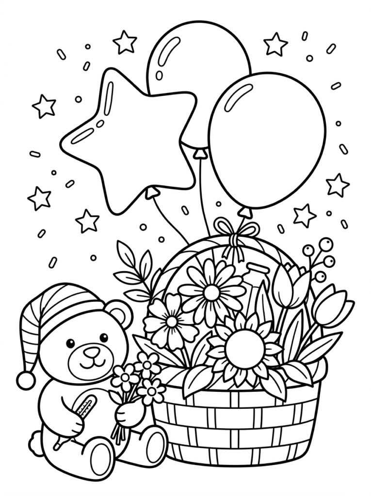 Teddybeer met slaapmuts bij mand vol bloemen
