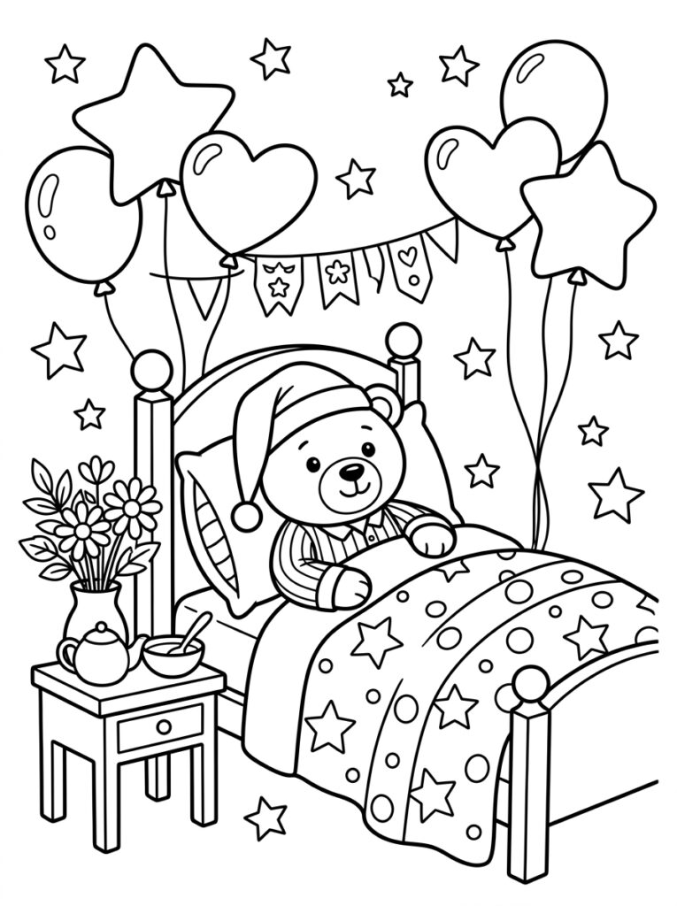 Teddybeer met slaapmuts in bed met ballonnen