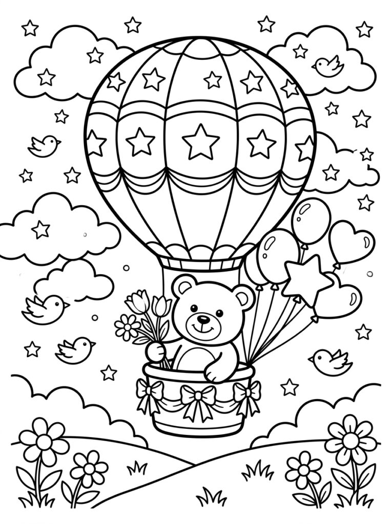 Teddybeer in luchtballon met bloemen en vogels