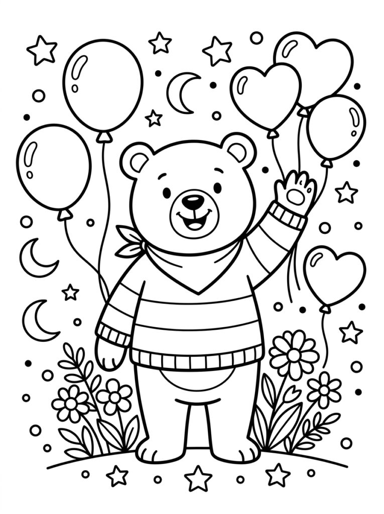 Teddybeer in trui zwaait met ballonnen