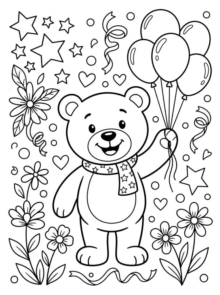 Teddybeer met sjaal houdt ballonnen vast