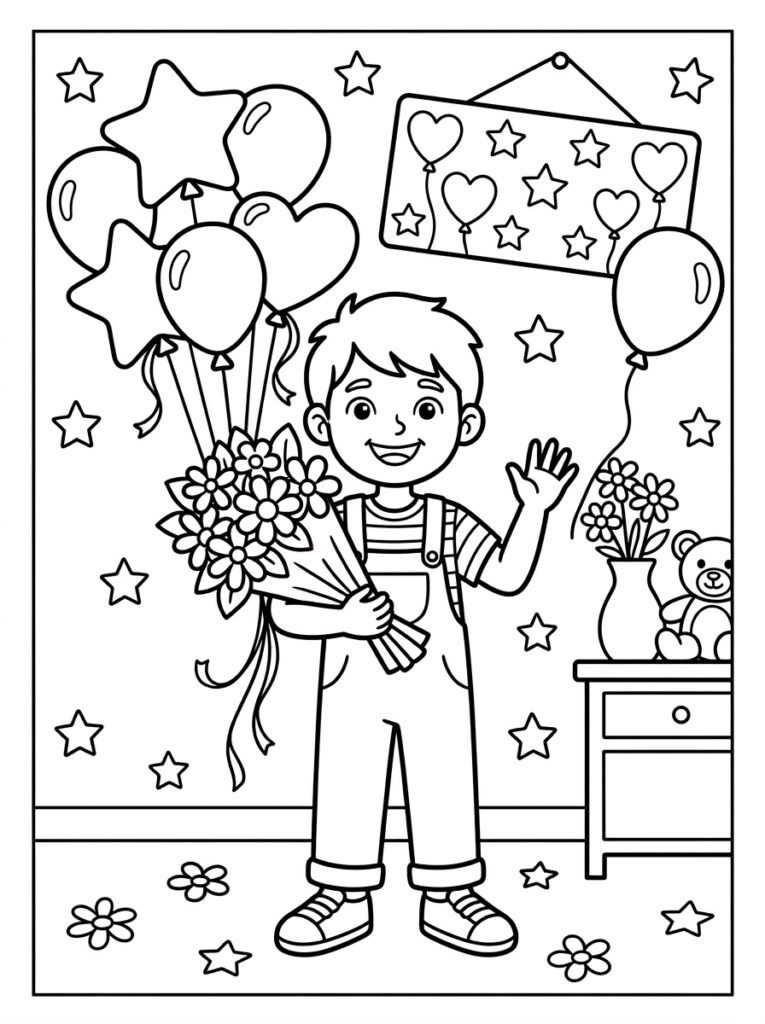 Jongen in overall met bloemen en ballonnen
