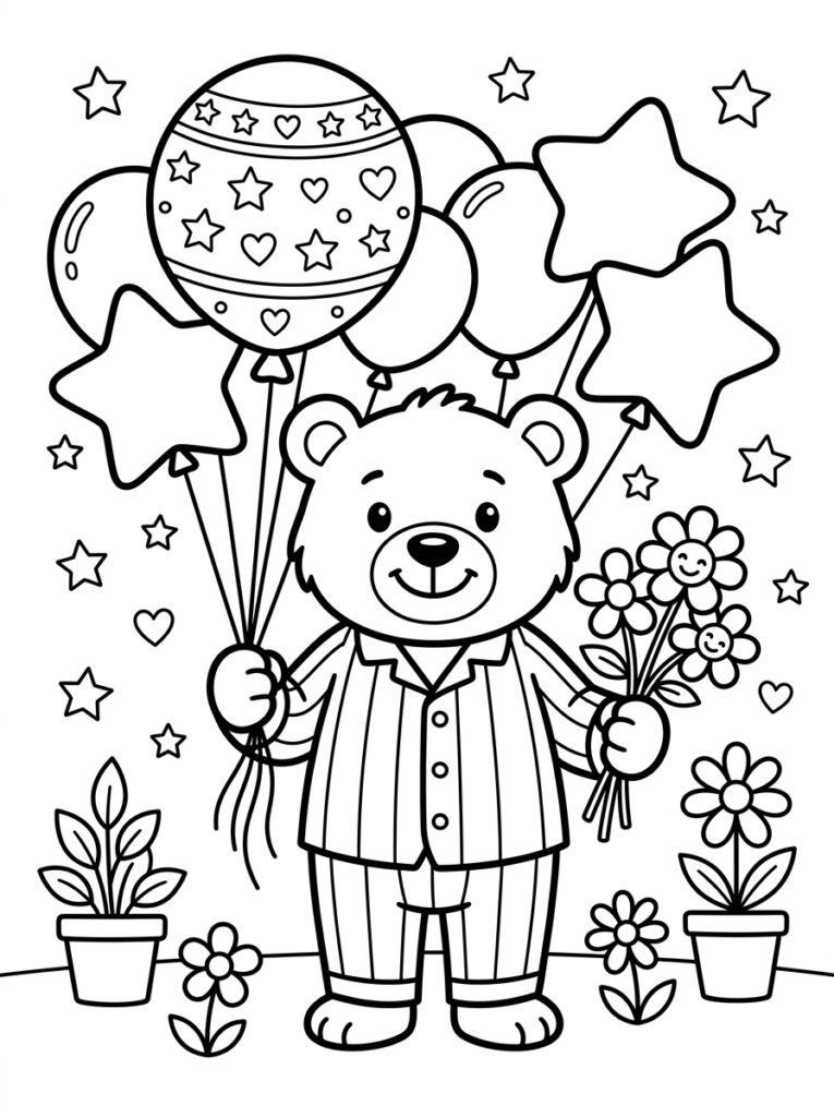 Teddybeer in pyjama met ballonnen en bloemen