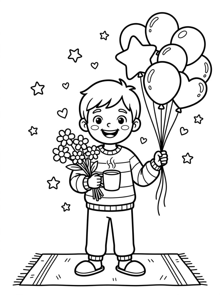 Jongen met mok bloemen en ballonnen