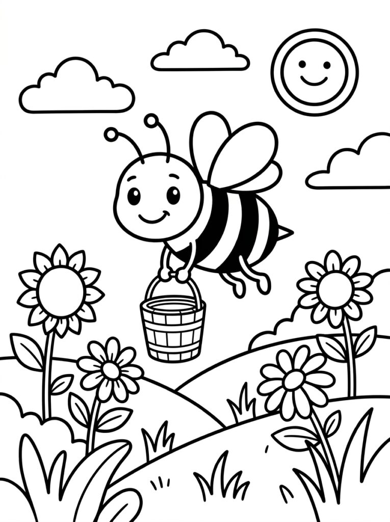Kleurplaat van een bij met een mand vliegend boven bloemen met een lachende zon en wolken