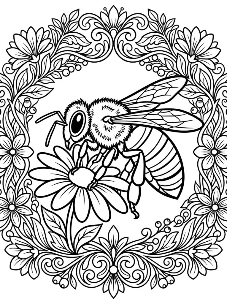 Kleurplaat van een bij op een bloem binnen een ronde decoratieve krans van bloemen en bladeren