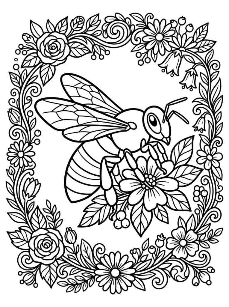 Kleurplaat van een bij tussen bloemen en rozen in een ovale decoratieve rand met bladeren