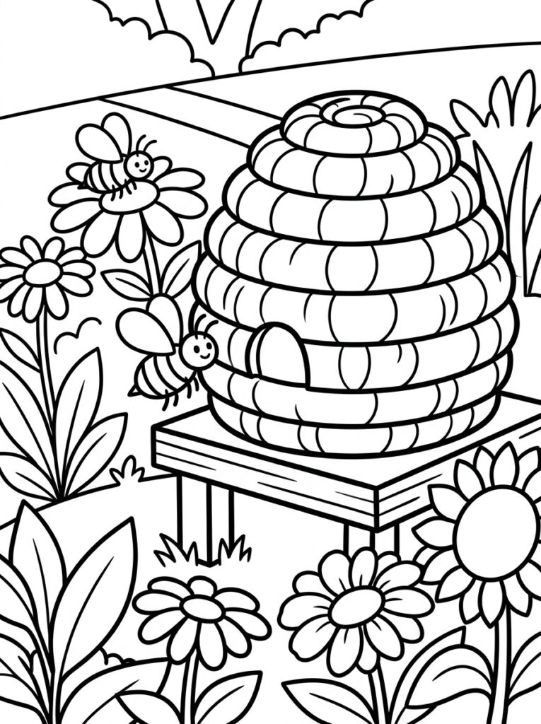 Kleurplaat van een bijenkorf op een houten standaard met twee lachende bijen en bloemen