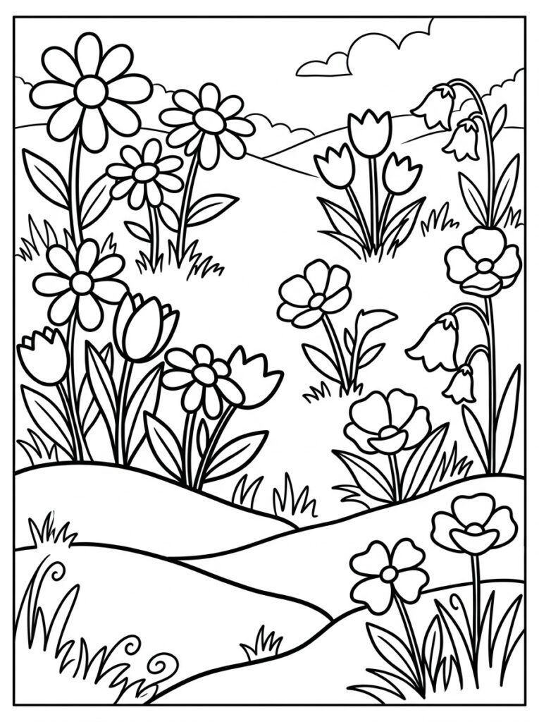Kleurplaat van madeliefjes, tulpen, klokjesbloemen en andere bloemen op heuvels met wolken