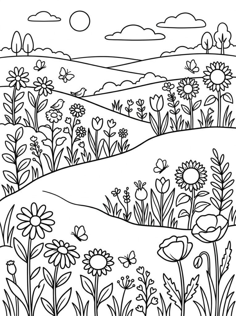 Kleurplaat van een heuvelachtig landschap met bloemen, vlinders, vogels, zon en wolken