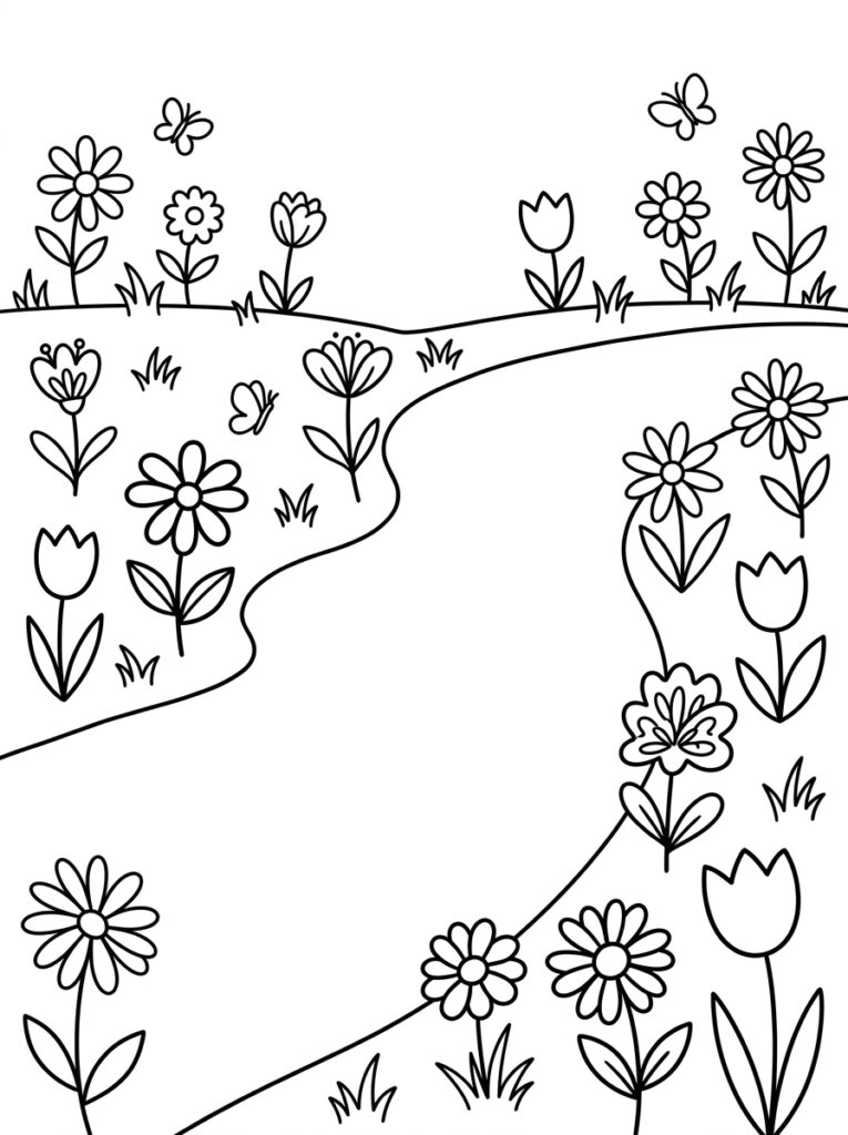Kleurplaat van bloemen, vlinders en een slingerend pad door een veld