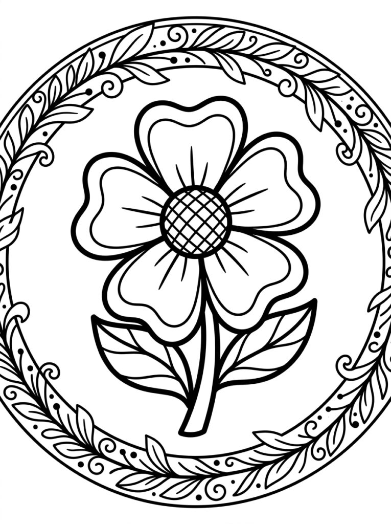 Kleurplaat van een bloem met vier blaadjes in een cirkel met bladeren en krullen