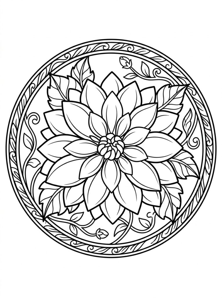 Kleurplaat van een grote dahlia in een cirkel met bladeren en krullen