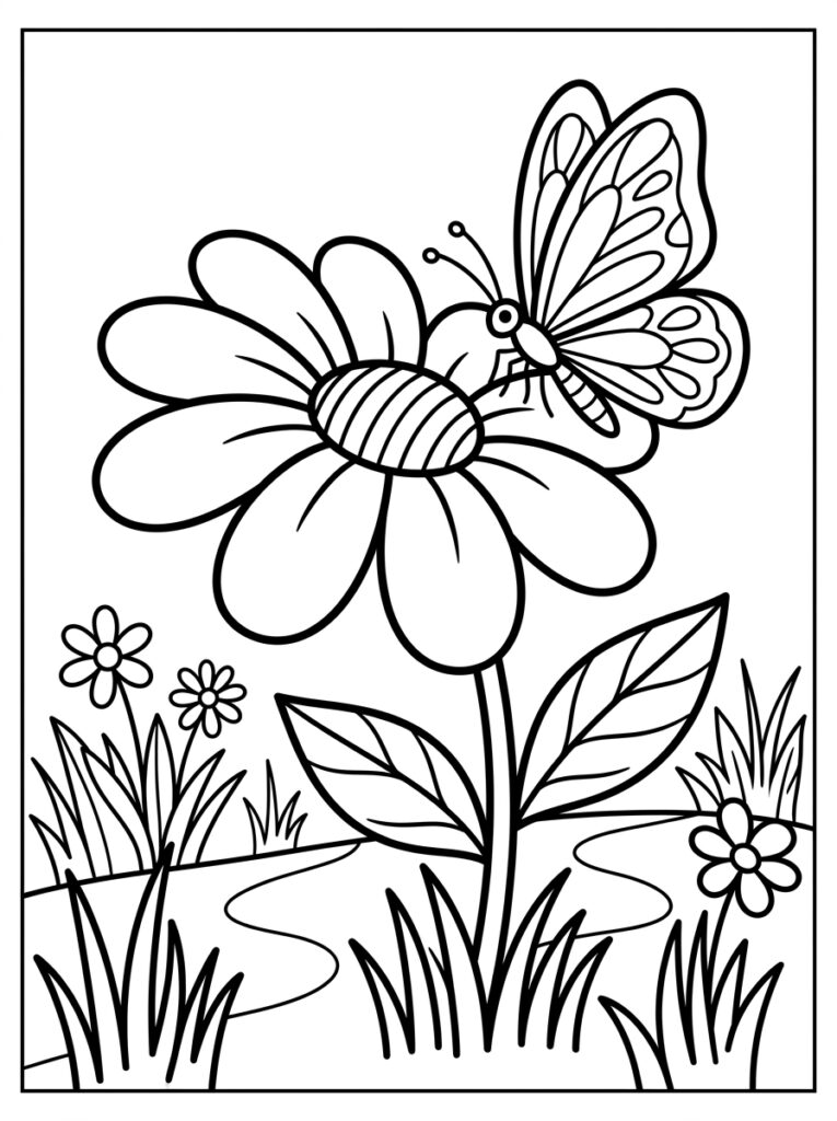 Kleurplaat van een vlinder op een madelief met kleine bloemen en gras