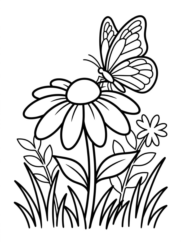 Kleurplaat van een vlinder op een madeliefje met gras en kleine bloemen