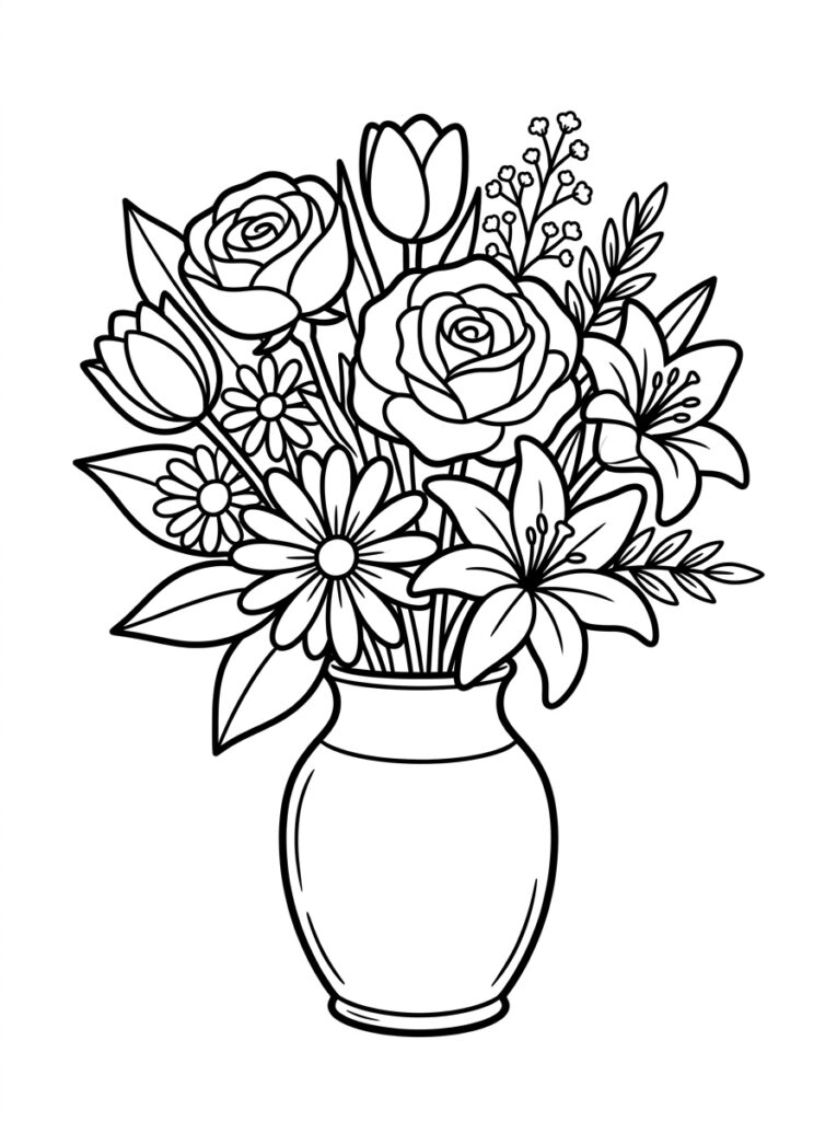 Kleurplaat van een vaas met rozen, tulpen, lelies, madeliefjes en takjes