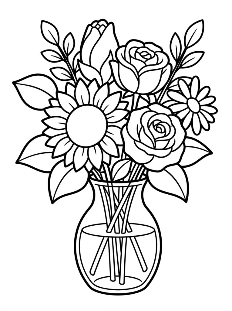 Kleurplaat van een vaas met zonnebloem, rozen, tulpen en madeliefjes