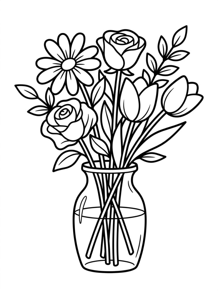 Kleurplaat van een vaas met rozen, tulpen en madeliefjes