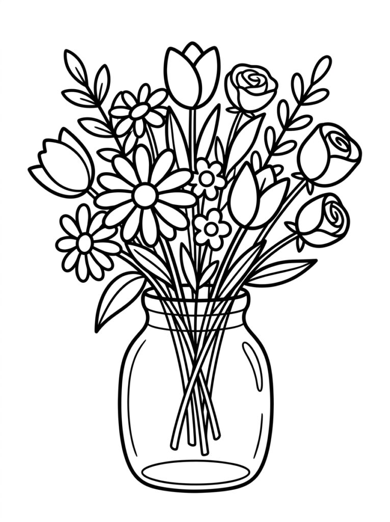Kleurplaat van een weckpot met tulpen, rozen, madeliefjes en takjes