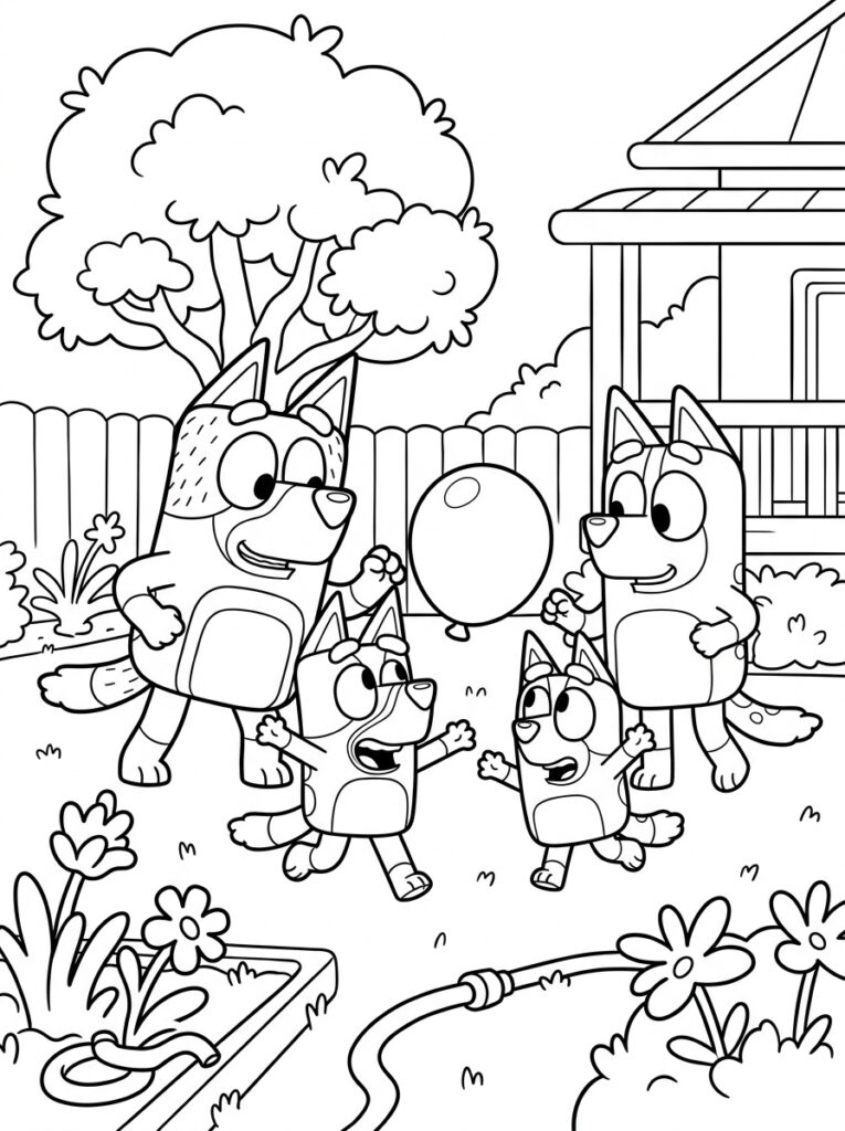 Kleurplaat van Bluey, Bingo, Bandit en Chilli in achtertuin met ballon, boom, huis en bloemen