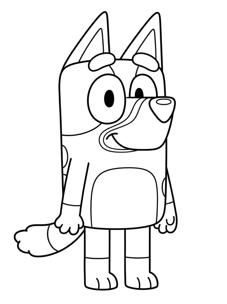 Kleurplaat van Bluey staand met schuin hoofd, glimlach en ontspannen houding