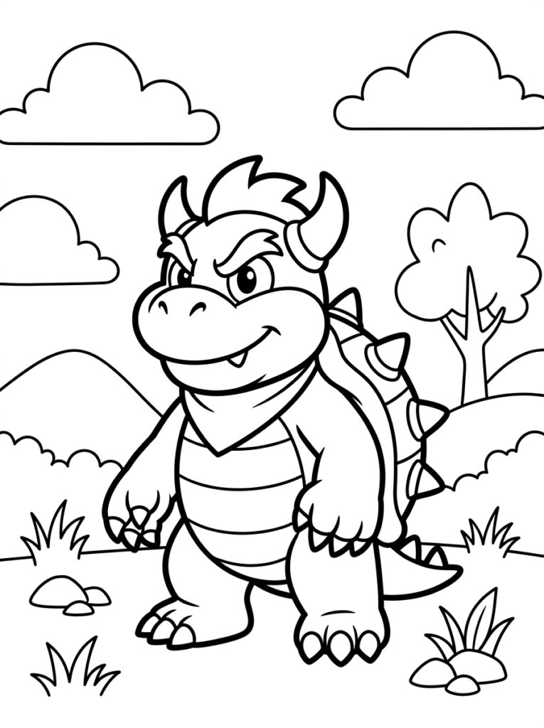 Bowser staat in grasveld met wolken en boom