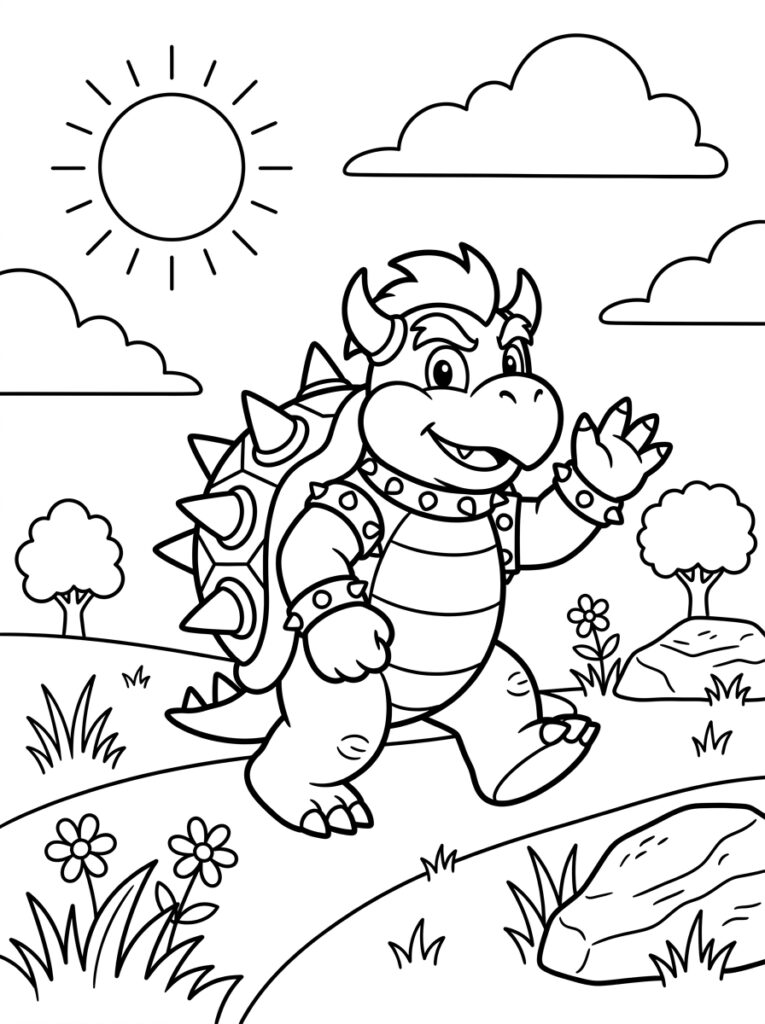 Bowser zwaait op pad met zon en bloemen