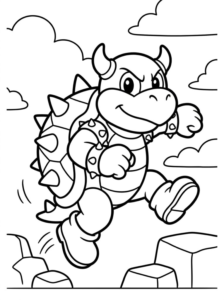 Bowser springt over blokken onder wolken