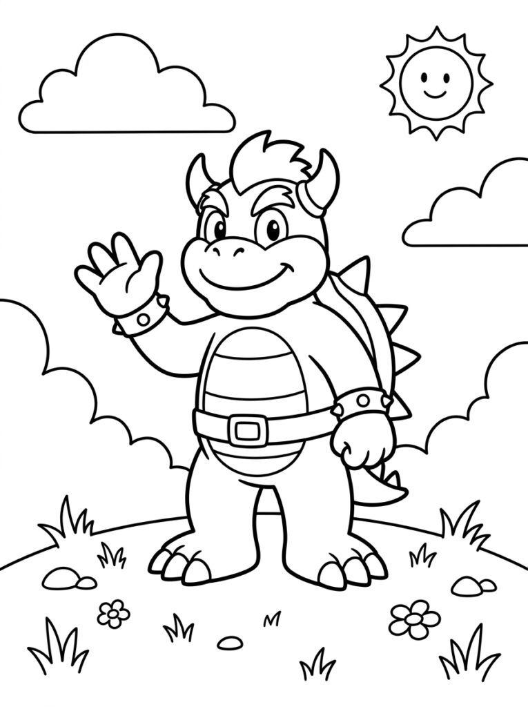 Bowser zwaait naar lachende zon met wolken