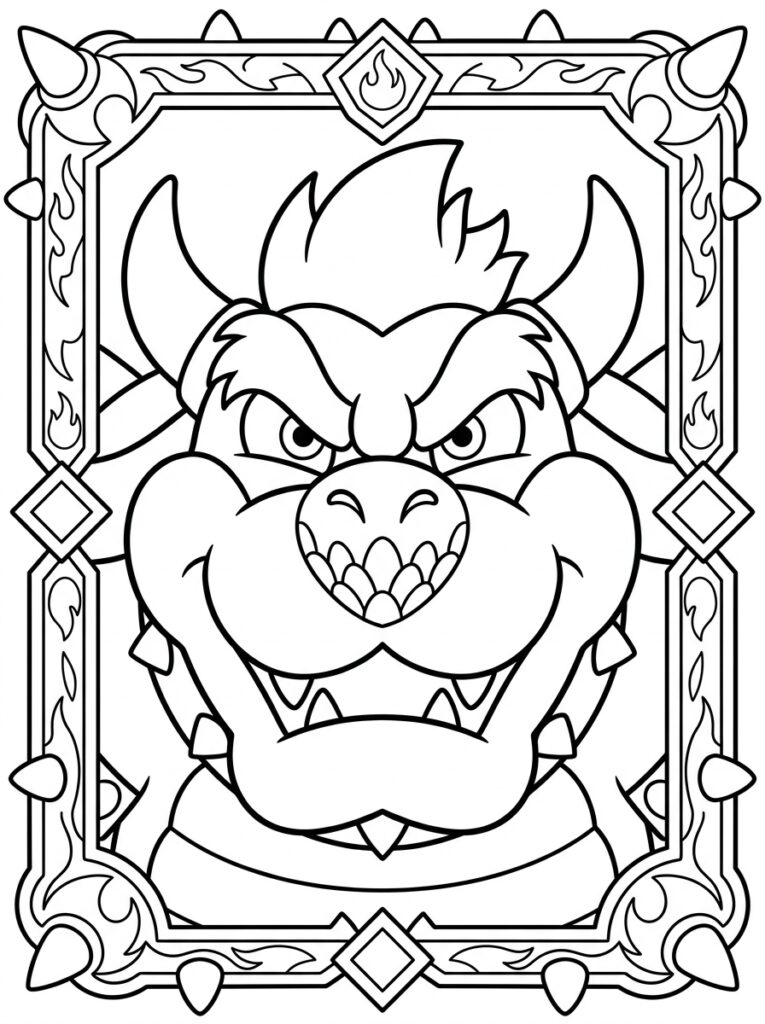 Boze Bowser in ornamentele lijst met vlammen