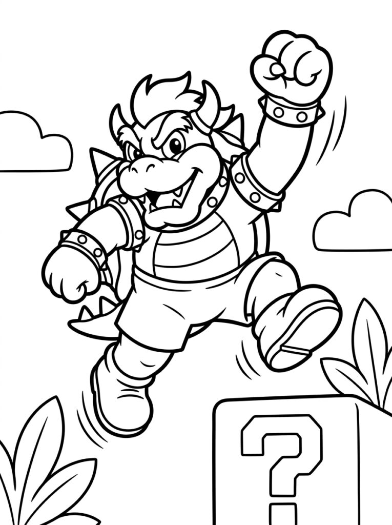 Bowser springt met vuist naast vraagtekenblok
