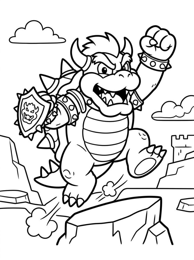 Bowser springt met schild en opgeheven vuist