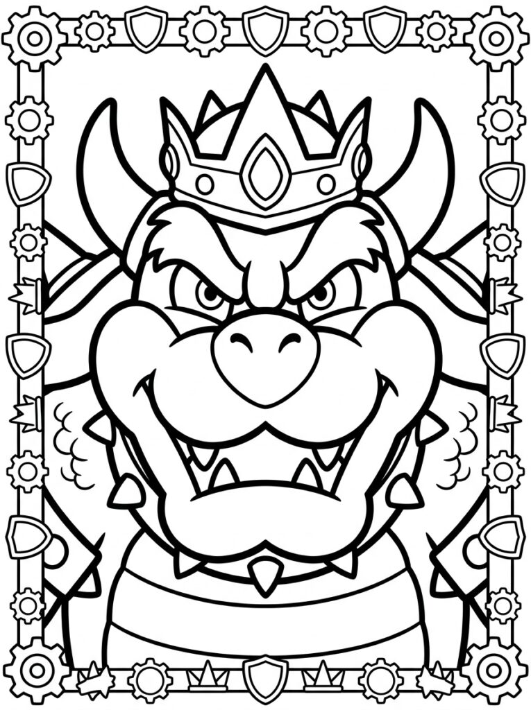 Bowser met kroon in tandwielen en schilden