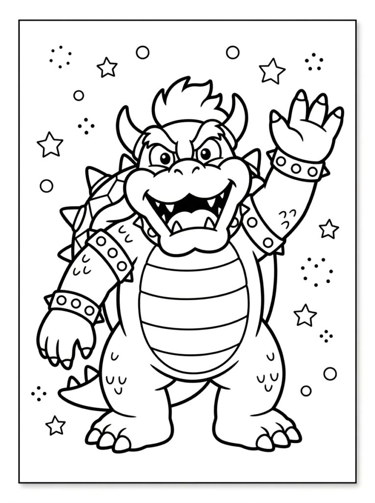 Bowser zwaait met hand tussen sterren