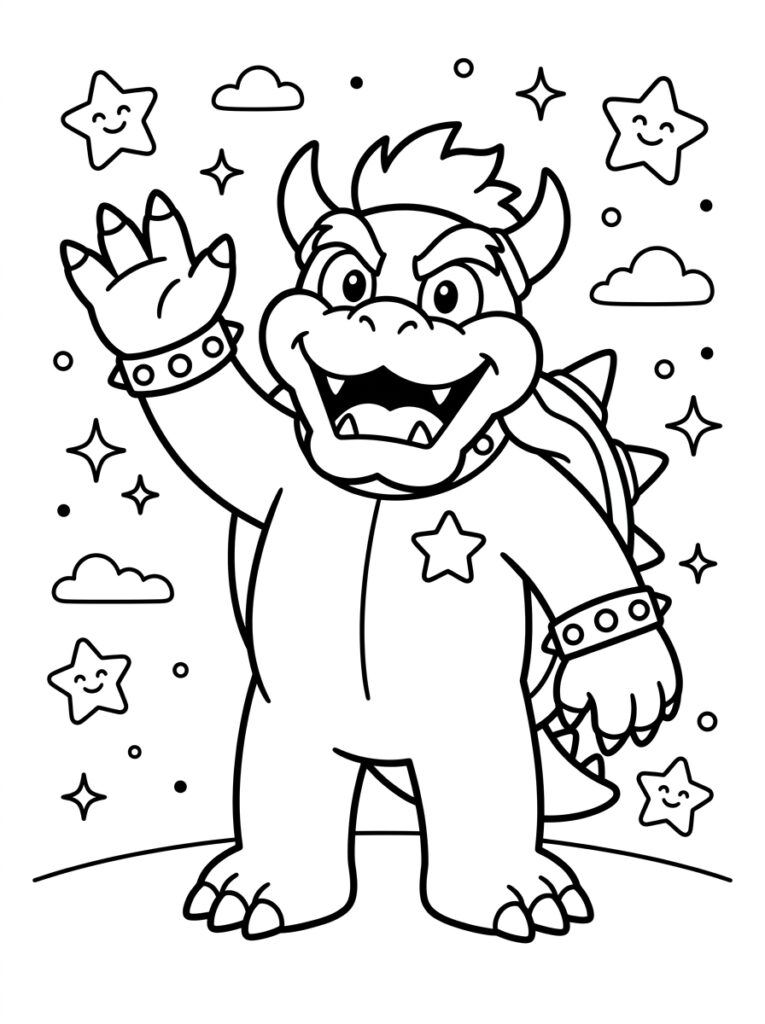 Bowser zwaait tussen lachende sterren en wolken