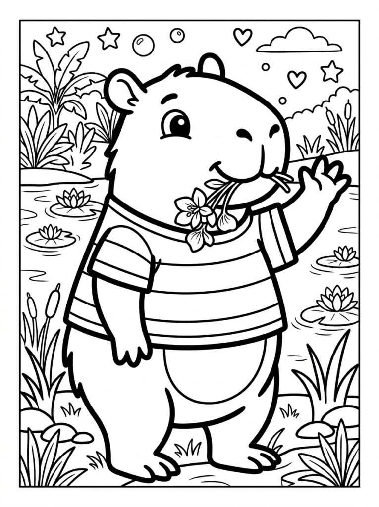 Capybara in gestreept shirt met bloemen in bek