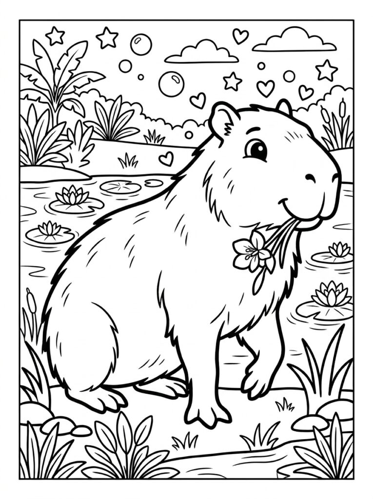 Capybara met bloem in bek bij vijver