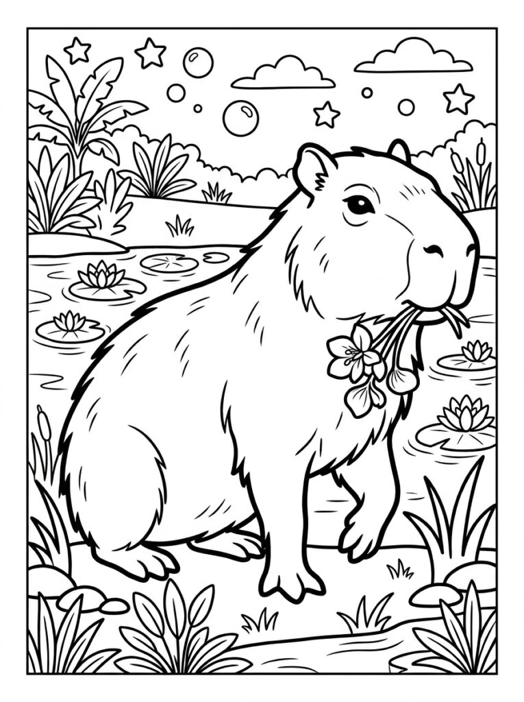 Capybara met bloemen in bek aan waterkant