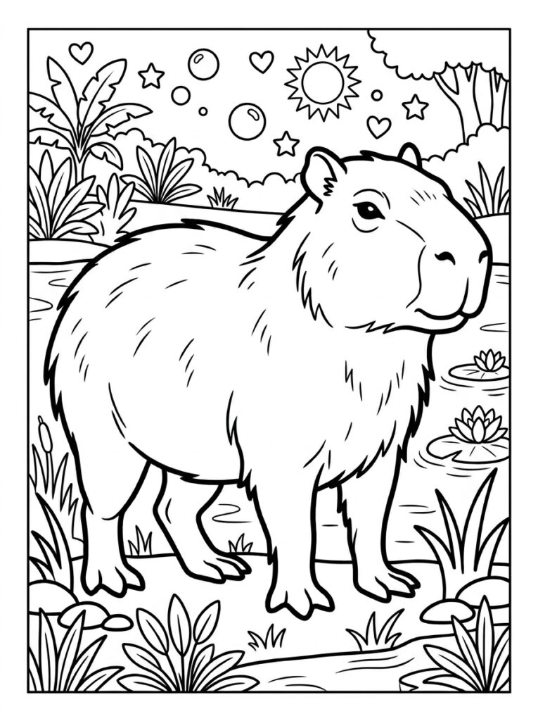 Capybara bij vijver onder zon en wolken
